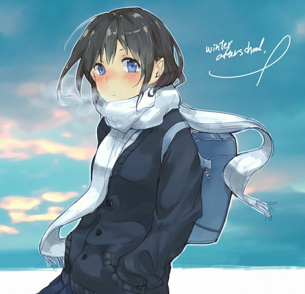 Anime picture 1120x1080 with original taxi (owp) single looking at viewer blush fringe short hair blue eyes sky pleated skirt inscription exhalation hands in pockets dark hair girl skirt scarf bag school bag