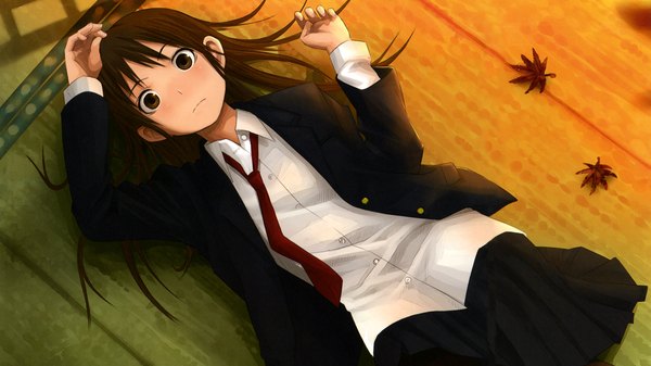 Anime picture 1920x1080 with original okiru (artist) single long hair looking at viewer highres brown hair wide image brown eyes lying pleated skirt arm up on back girl skirt uniform school uniform shirt necktie white shirt