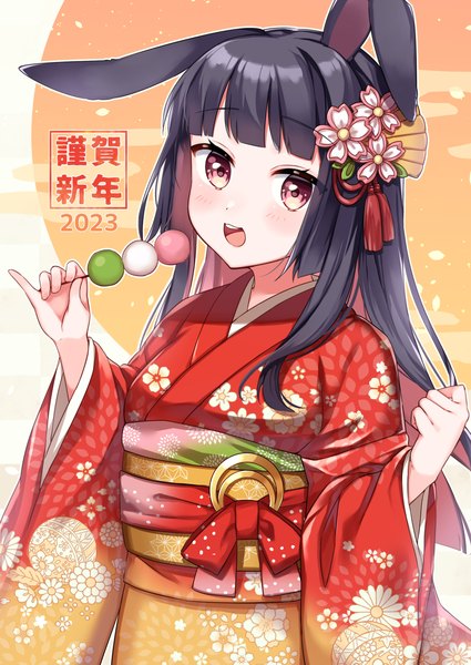 Anime picture 1063x1500 with original kawagami raito single long hair tall image looking at viewer blush fringe open mouth black hair animal ears payot upper body blunt bangs traditional clothes :d japanese clothes pink eyes multicolored hair bunny ears