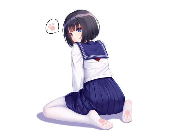Anime picture 6000x4840 with original allenes single looking at viewer blush fringe highres short hair blue eyes black hair simple background white background sitting absurdres full body long sleeves pleated skirt looking back shadow no shoes