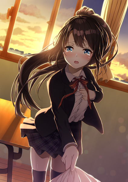 Anime picture 1000x1414 with original minamoto mamechichi single long hair tall image looking at viewer blush fringe open mouth blue eyes hair between eyes brown hair standing payot ponytail indoors pleated skirt open clothes dutch angle tears