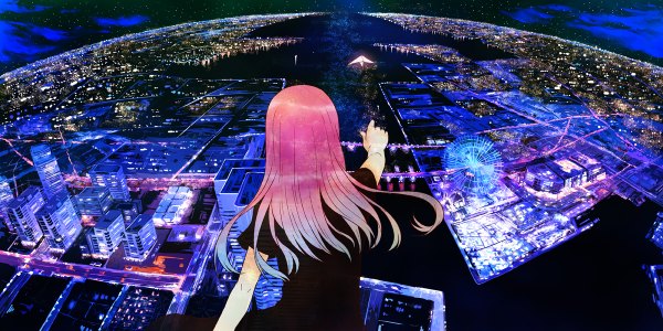 Anime picture 1200x600 with original furai (furai127) single long hair wide image pink hair from behind night city cityscape city lights girl ferris wheel paper airplane