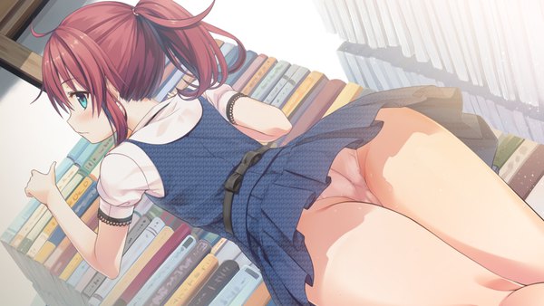 Anime picture 1280x720 with maitetsu migita hibiki cura single long hair blush fringe light erotic hair between eyes wide image standing payot pink hair game cg ahoge ponytail indoors looking back arm up from behind