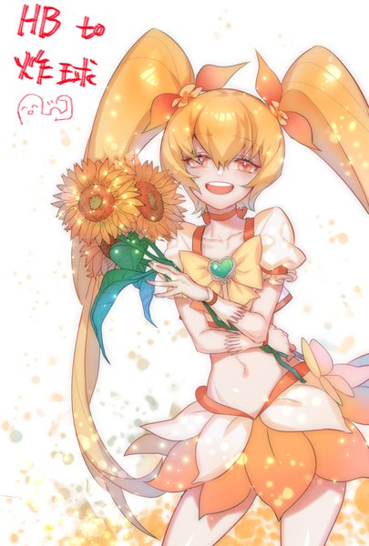 Anime picture 666x986 with precure heartcatch precure! toei animation myoudouin itsuki cure sunshine zuizi single long hair tall image looking at viewer fringe open mouth blonde hair hair between eyes twintails midriff orange eyes puffy sleeves magical girl girl