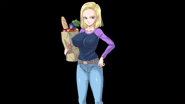 Anime picture 1920x1080 with dragon ball dragon ball z android 18 single looking at viewer highres short hair breasts blue eyes light erotic blonde hair wide image large breasts standing holding hand on hip black background rendered raglan sleeves girl