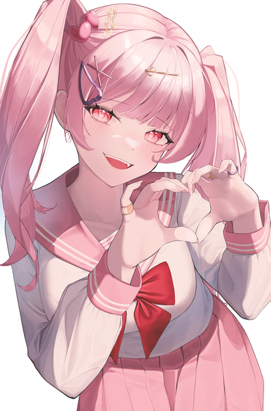 Anime picture 1276x1931 with original yeoni mon single long hair tall image looking at viewer blush fringe open mouth simple background standing white background twintails pink hair blunt bangs long sleeves head tilt pleated skirt pink eyes leaning