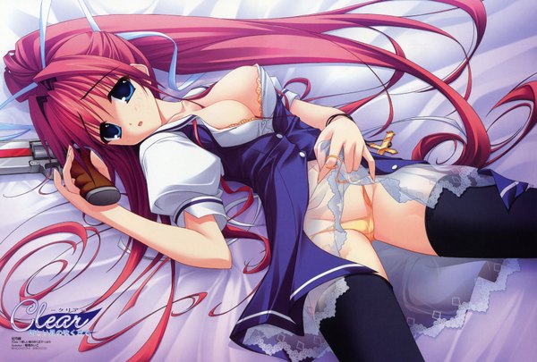 Anime picture 3590x2426 with clear kisaki yuzuru long hair highres breasts blue eyes light erotic pink hair open clothes thighhighs underwear panties gun