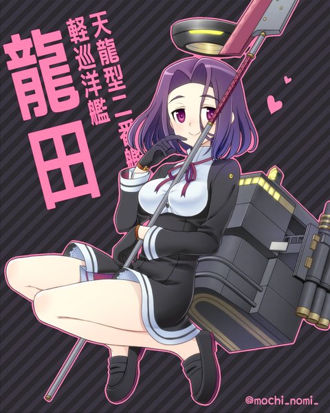 Anime picture 700x875 with kantai collection tatsuta light cruiser mochiya marosuke single tall image blush short hair smile purple eyes signed purple hair bent knee (knees) character names striped between legs striped background girl gloves uniform weapon