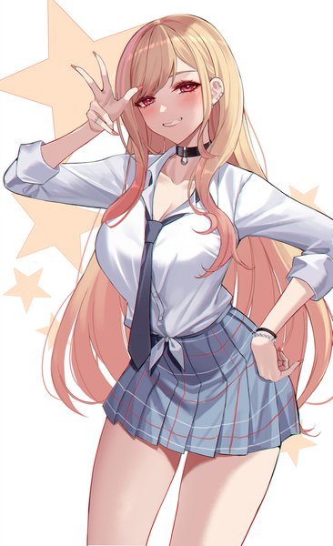 Anime picture 1578x2588 with sono bisque doll wa koi wo suru cloverworks kitagawa marin eternity (shadeh) single long hair tall image looking at viewer blush fringe breasts simple background blonde hair smile red eyes standing white background cleavage nail polish pleated skirt