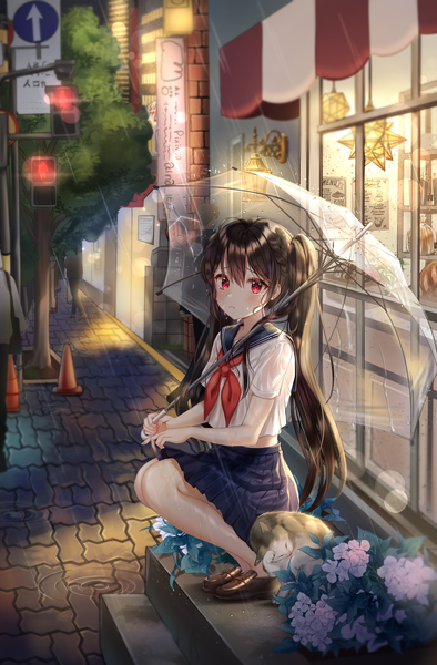 Anime picture 3054x4653 with original aina 156cm long hair tall image looking at viewer blush fringe highres black hair hair between eyes red eyes twintails holding absurdres outdoors pleated skirt night mole short sleeves midriff