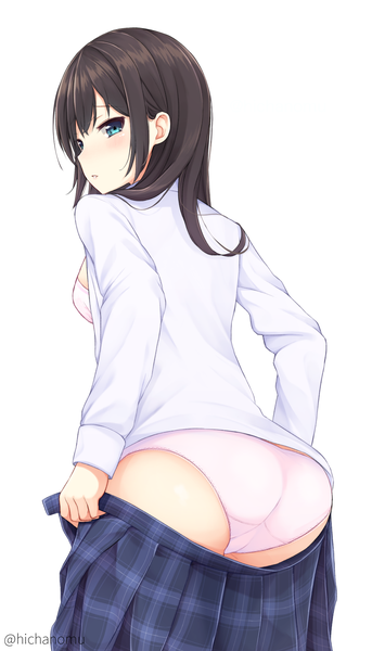 Anime picture 1057x1846 with original hicha nomu single long hair tall image blush light erotic simple background brown hair white background signed ass looking back aqua eyes twitter username undressing girl uniform underwear panties