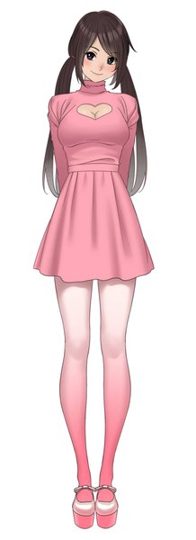Anime picture 750x2064 with original revolmxd single long hair tall image looking at viewer blush simple background smile brown hair standing white background twintails brown eyes hands behind back girl dress pantyhose heart pink dress