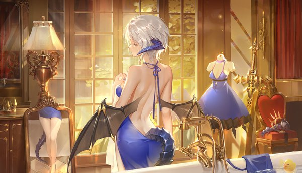 Anime picture 1885x1080 with masterwork apocalypse mosquito coils single fringe highres short hair breasts light erotic wide image standing bare shoulders holding silver hair indoors tail eyes closed nail polish profile horn (horns) fingernails
