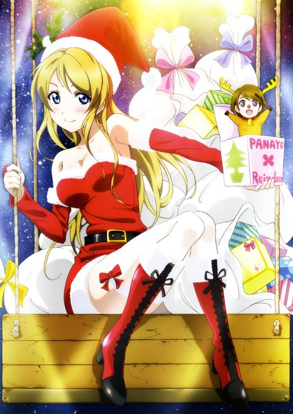 Anime picture 2970x4200 with love live! school idol project sunrise (studio) love live! ayase eli koizumi hanayo long hair tall image blush highres blue eyes blonde hair smile scan christmas girl thighhighs bow detached sleeves white thighhighs boots