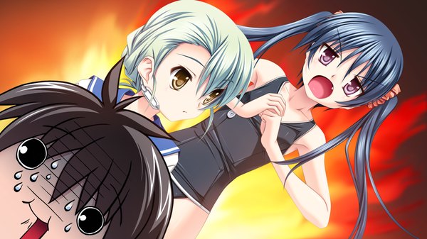 Anime picture 1280x720 with dolphin divers nangou tsukimi aqua (dolphin divers) senomoto hisashi long hair short hair open mouth black hair wide image twintails multiple girls brown eyes blue hair game cg girl 2 girls swimsuit