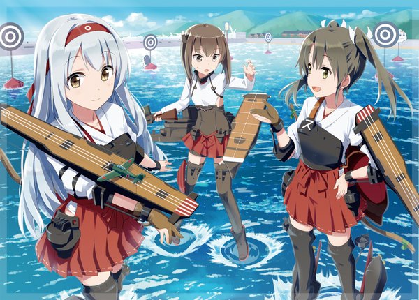 Anime picture 2115x1516 with kantai collection shoukaku aircraft carrier zuikaku aircraft carrier taihou armored aircraft carrier gotyou ayuyanaka no hito long hair highres short hair open mouth black hair smile twintails multiple girls yellow eyes sky silver hair cloud (clouds) tail traditional clothes