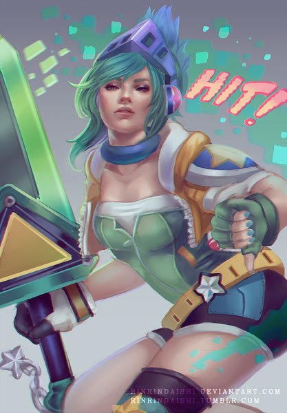 Anime picture 835x1200 with league of legends riven (league of legends) arcade riven rinrindaishi single long hair tall image looking at viewer short hair blue eyes simple background nail polish fingernails green hair lips girl weapon sword belt helmet