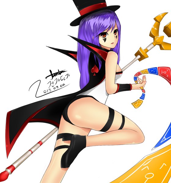 Anime picture 1400x1500 with league of legends emilia leblanc freesha single long hair tall image light erotic white background signed purple hair orange eyes legs girl shoes cloak staff top hat