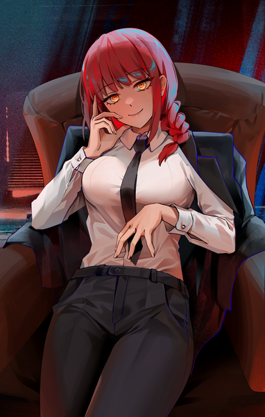 Anime picture 3500x5500 with chainsaw man mappa makima (chainsaw man) foxyrain single long hair tall image looking at viewer fringe highres breasts smile sitting yellow eyes absurdres red hair indoors blunt bangs braid (braids) long sleeves