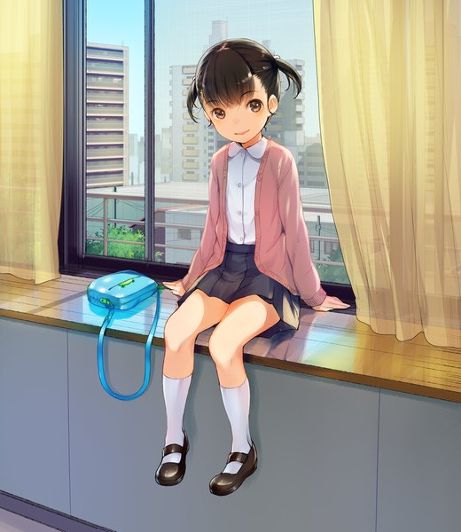 Anime picture 1500x1731 with original sody (artist) single tall image looking at viewer blush fringe short hair open mouth black hair smile sitting twintails brown eyes sky full body indoors pleated skirt loli city