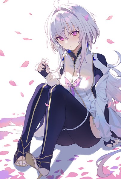 Anime picture 811x1200 with fate (series) fate/grand order fate/prototype merlin (fate/prototype) seon (seonon ) single tall image fringe smile hair between eyes white background sitting purple eyes looking away silver hair full body ahoge very long hair high heels holding hair