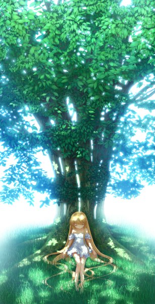 Anime picture 1280x2500 with rewrite nakatsu shizuru hinoue itaru single long hair tall image blonde hair eyes closed sleeping girl plant (plants) tree (trees) leaf (leaves) grass sundress