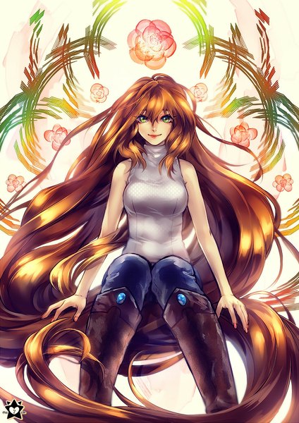 Anime picture 777x1100 with original e-x-p-i-e single tall image looking at viewer brown hair sitting bare shoulders green eyes signed very long hair light smile sleeveless floral print makeup girl knee boots jeans