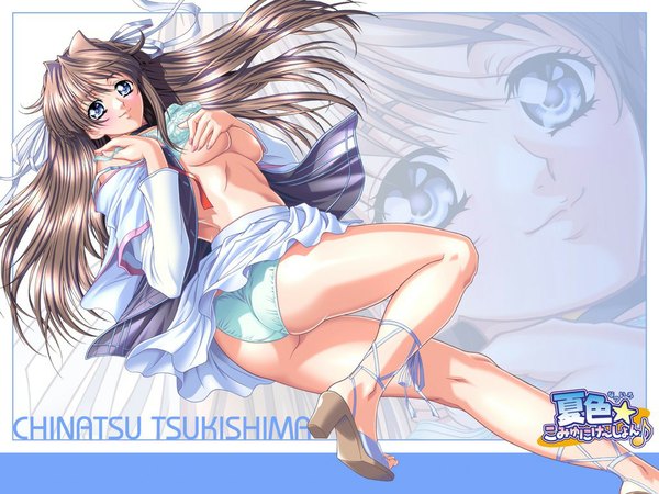 Anime picture 1024x768 with natsuiro communication tsukishima chinatsu yokota mamoru single long hair looking at viewer blush fringe blue eyes light erotic smile brown hair ass wallpaper character names covering framed zoom layer covering breasts bra lift