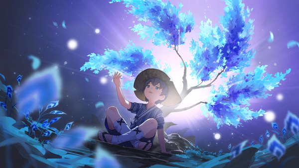 Anime picture 4800x2700 with genshin impact ruu (genshin impact) rafaelaaa single highres short hair open mouth blue eyes black hair wide image sitting absurdres full body outdoors traditional clothes japanese clothes arm support sparkle outstretched arm indian style