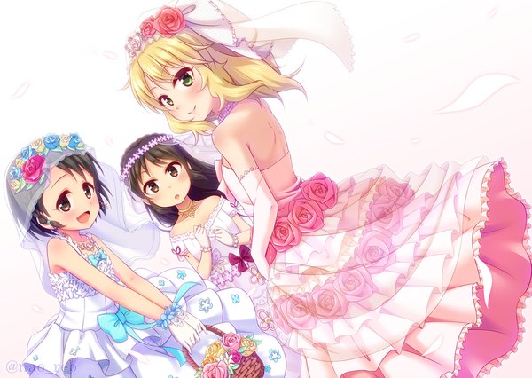 Anime picture 1024x728 with idolmaster idolmaster cinderella girls sakurai momoka tachibana arisu sasaki chie naoharu long hair looking at viewer fringe short hair open mouth black hair blonde hair simple background smile multiple girls brown eyes green eyes wedding rose-colored bride (idolmaster)