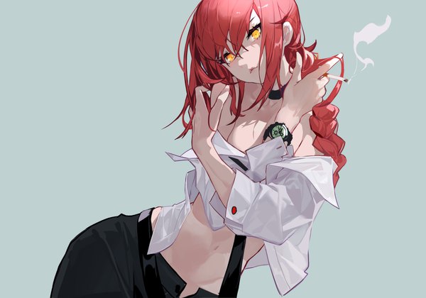 Anime picture 6000x4200 with chainsaw man mappa makima (chainsaw man) grandialee single long hair looking at viewer fringe highres light erotic simple background hair between eyes holding yellow eyes payot absurdres red hair braid (braids) head tilt off shoulder
