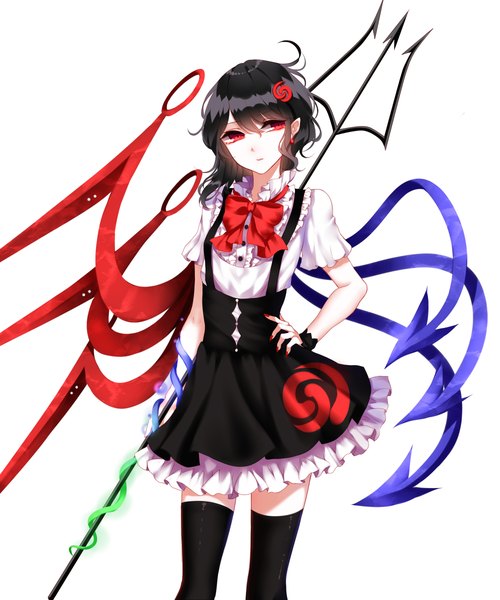 Anime picture 2000x2400 with touhou houjuu nue sheya single tall image highres black hair simple background white background holding looking away nail polish short sleeves puffy sleeves hand on hip frilly skirt adapted costume asymmetrical wings girl thighhighs