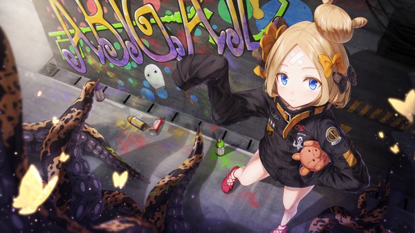 Anime picture 2600x1462 with fate (series) fate/grand order abigail williams (fate) medjed bae.c single long hair looking at viewer blush highres blue eyes blonde hair smile wide image standing holding long sleeves from above shadow hair bun (hair buns)