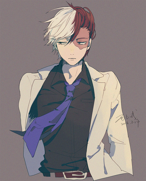 Anime picture 900x1116 with boku no hero academia studio bones todoroki shouto xi yuu single tall image short hair simple background signed looking away upper body white hair red hair multicolored hair grey background two-tone hair heterochromia dated scar formal