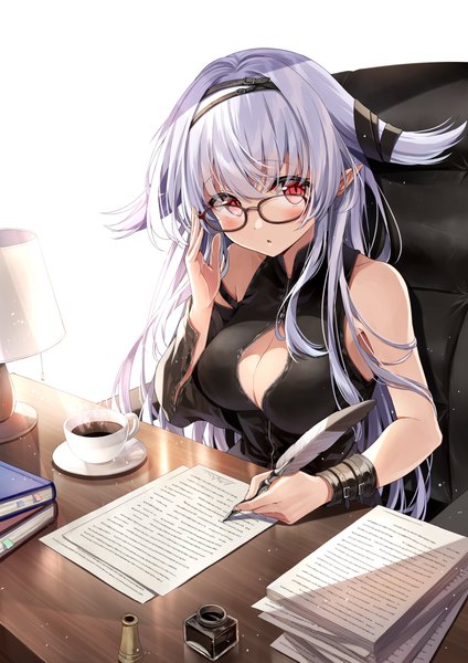 Anime-Bild 2893x4092 mit sentouin hakenshimasu! j.c. staff viper (sentouin hakenshimasu!) kakao rantan single long hair tall image blush highres breasts light erotic red eyes large breasts cleavage silver hair indoors pointy ears official art cleavage cutout adjusting glasses