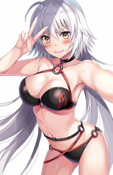 Anime picture 700x1079 with fate (series) fate/grand order jeanne d'arc (fate) (all) jeanne d'arc alter (fate) jeanne d'arc alter (swimsuit berserker) (fate) harimoji single tall image looking at viewer blush fringe breasts open mouth light erotic simple background hair between eyes large breasts standing white background yellow eyes