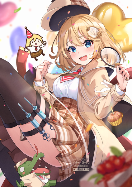Anime picture 827x1169 with virtual youtuber hololive hololive english watson amelia smol ame investigator (amelia watson) ardenlolo single tall image fringe short hair open mouth blue eyes light erotic blonde hair hair between eyes :d hat removed headwear removed girl