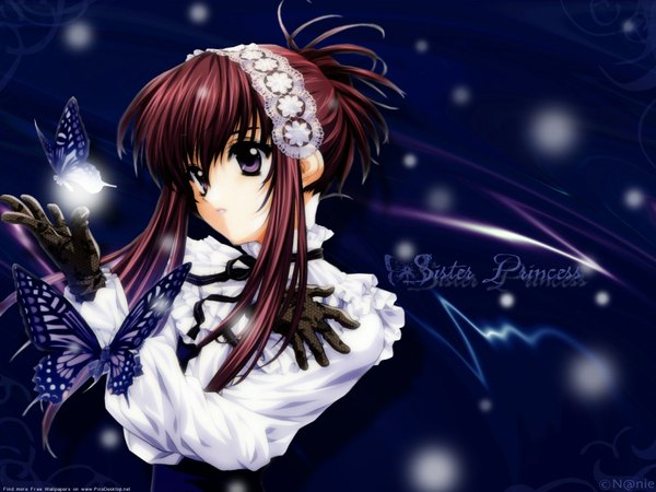 Anime picture 1920x1440 with sister princess zexcs dreamsoft chikage (sister princess) tenhiro naoto single long hair fringe highres short hair hair between eyes purple eyes payot looking away upper body red hair parted lips arm up wallpaper copyright name