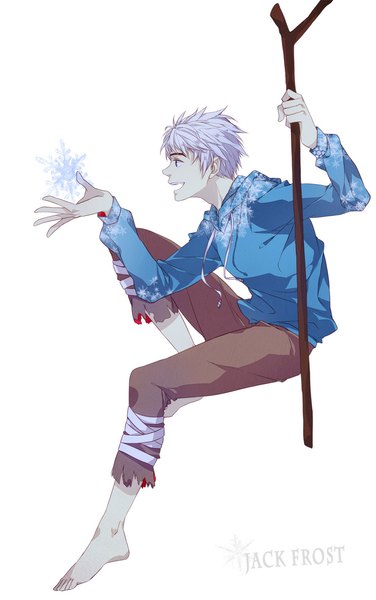 Anime picture 743x1186 with rise of the guardians dreamworks jack frost (rise of the guardians) sara666 (roentgen666) single tall image short hair open mouth simple background white background sitting silver hair profile barefoot character names magic boy hood staff hoodie