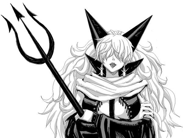 Anime picture 1325x1000 with one piece toei animation sadi-chan long hair light erotic very long hair horn (horns) monochrome crossed arms hair over eyes earrings tongue jewelry cloak candle (candles) polearm trident minarai