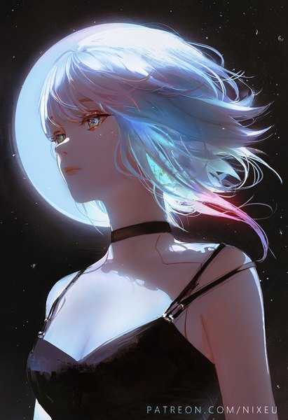 Anime picture 958x1400 with cyberpunk edgerunners lucy (cyberpunk) nixeu single tall image fringe short hair breasts signed looking away silver hair upper body outdoors multicolored hair wind night night sky streaked hair portrait strap slip