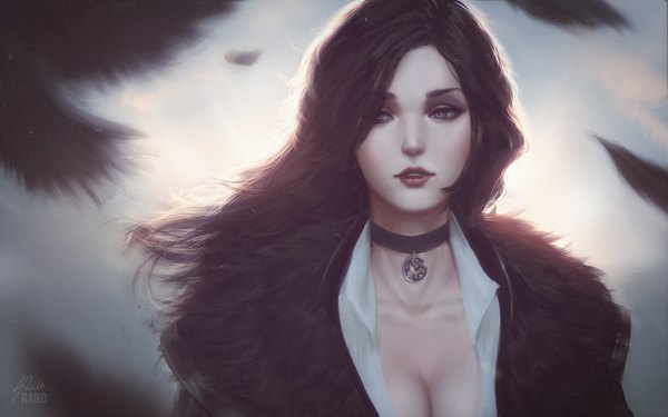 Anime picture 1920x1200 with the witcher the witcher 3 wild hunt yennefer of vengerberg raikoart single long hair fringe highres light erotic black hair purple eyes signed looking away upper body parted lips wind hair over one eye realistic mole fur trim