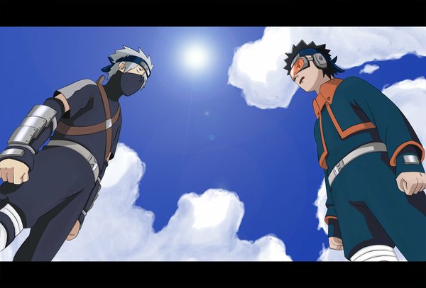 Anime picture 1086x735 with naruto studio pierrot naruto (series) hatake kakashi uchiha obito short hair open mouth black hair sky cloud (clouds) black eyes multiple boys boy gloves belt headphones armor 2 boys mask goggles