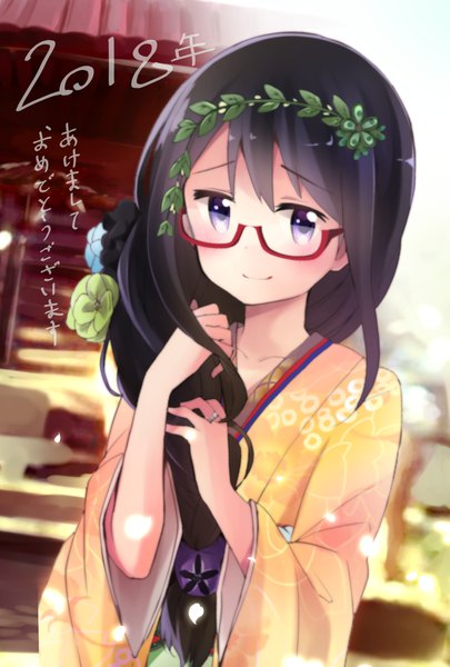 Anime picture 1335x1975 with mahou shoujo madoka magica shaft (studio) akemi homura christy single long hair tall image looking at viewer blush fringe blue eyes black hair smile standing traditional clothes japanese clothes wide sleeves hieroglyph new year 2018