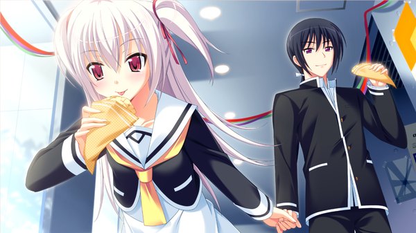 Anime picture 1280x720 with kikouyoku senki gin no toki no corona long hair short hair black hair red eyes wide image game cg white hair loli couple holding hands eating girl boy uniform school uniform