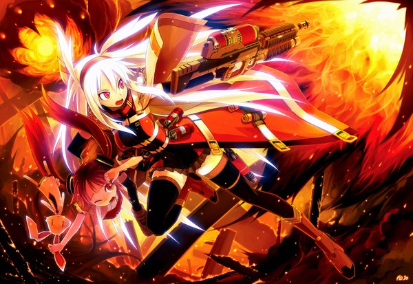 Anime picture 1600x1102 with original bail open mouth red eyes twintails multiple girls signed white hair red hair very long hair zettai ryouiki glow ruins carrying girl thighhighs skirt weapon black thighhighs 2 girls