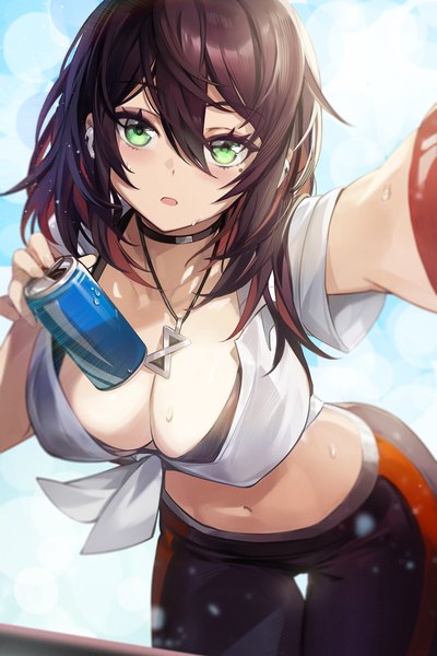 Anime picture 1280x1920 with original goomrrat single long hair tall image looking at viewer blush fringe breasts open mouth light erotic hair between eyes brown hair large breasts standing holding green eyes cleavage outdoors multicolored hair