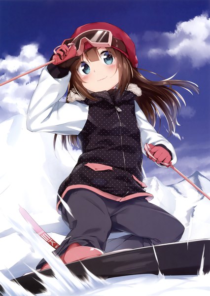 Anime picture 2483x3500 with original tousaki shiina single long hair tall image blush fringe highres blue eyes hair between eyes brown hair looking away sky cloud (clouds) scan official art winter snow skiing girl