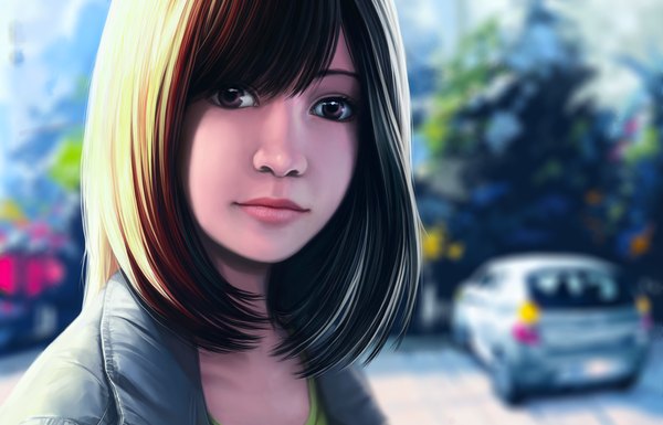 Anime picture 2301x1478 with original dzun single looking at viewer highres short hair brown hair brown eyes realistic girl ground vehicle car