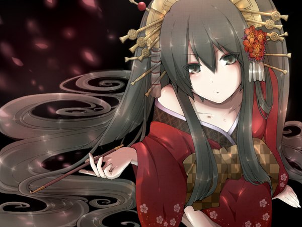 Anime picture 1000x750 with vocaloid hatsune miku nanaka single long hair looking at viewer blush sitting twintails holding green eyes very long hair traditional clothes japanese clothes hair flower off shoulder floral print eyeshadow dark hair girl